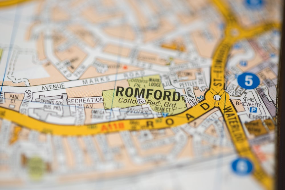 A to Z map of Romford with Romford highlighted and the rest of the map blurred